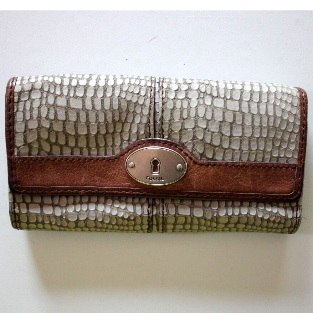 Fossil Marlow Flap Clutch Wallet Gray Croc Embossed Leather Keyhole Trifold Snap